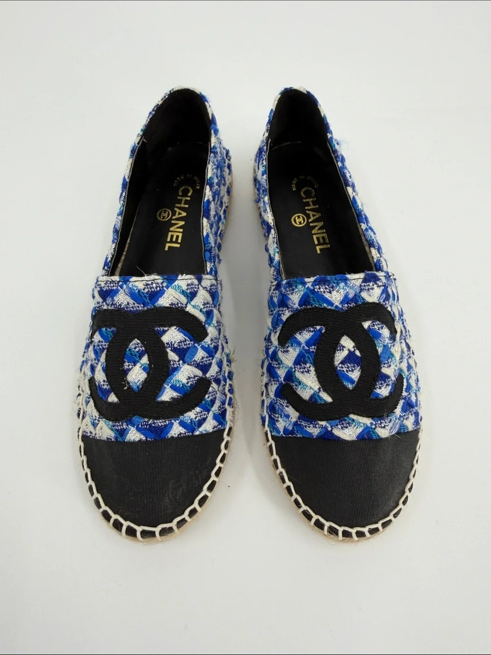 Blue and White Tweed Espadrilles with Black Cap Toe